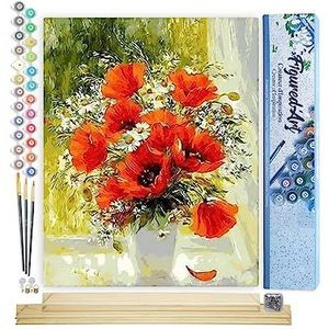 Figured'Art Schilderen op Nummer Volwassenen canvas Rode bloemen en madeliefjes - Handwerk acrylverf Kit DIY Compleet - 40x50cm met DIY houten lijst