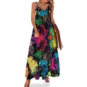 Ademende psychedelische kleurrijke graffiti damesjurk lange boho spaghettibandjes jurken maxi V-hals strand casual