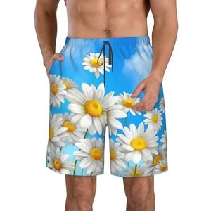 Lente Daisy Bloemen Print Heren Zwembroek Trunks Mannen Sneldrogend Ademend Strand Surfen Zwembroek met Zakken, Wit, XXL