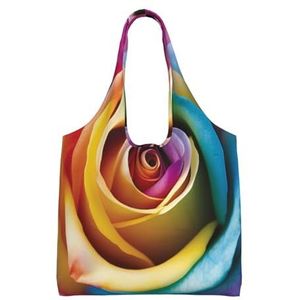 RLDOBOFE Regenboog Rose Bloem Print Canvas Tote Bag Voor Vrouwen Esthetische Boodschappentassen Schoudertas Herbruikbare Boodschappentassen, Zwart, One Size