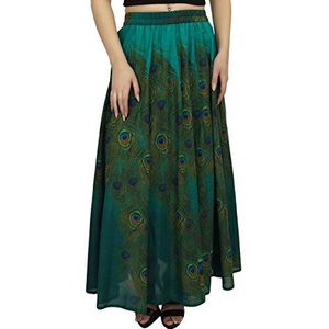 Bimba Katoenen zomerrok met pauwenverenprint, elastische taille, Groen, M