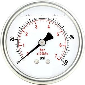 kaliber 2"", roestvrijstalen behuizing, vloeistofvulling, montage aan de achterkant, 100 psi-