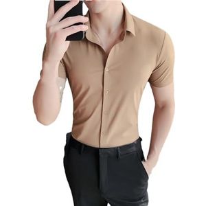 Mannen Solid Korte Mouw Shirts Mannen Casual Business Slim Formele Shirt, Kaki, XS