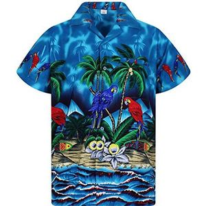 V.H.O. Funky Hawaii hemd voor heren, korte mouwen, borstzak, Hawaii-print met papegaai strand, bloemen, palmen., Parrot turquoise, XL