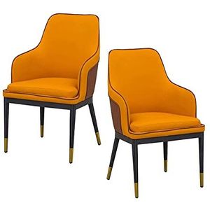 GEIRONV Moderne lederen eetkamerstoelen set van 2, hoge achterkant gewatteerde zachte woonkamer slaapkamer fauteuils metalen poten lounge stoelen Eetstoelen (Color : Orange)