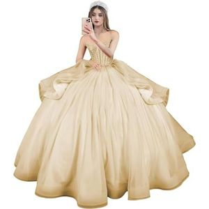 Fuomomo Quinceanera MT054 Jurken met spaghettibandjes, partyjurk met staart, Quinceanera kanten jurk met strik, Quinceanera tule met parels, Champagne, 50/grote maten