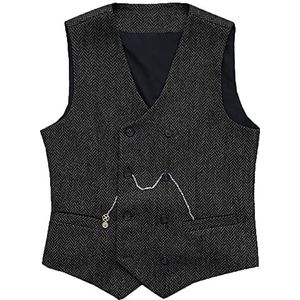 Heren Visgraat Vest met dubbele rij knopen Wollen Business Tweed gilet kleedt slank af(Large, zwart)