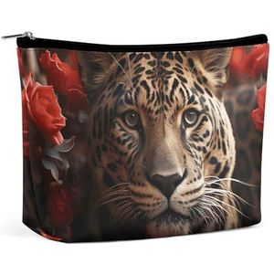 HEBVNJF Reizen Make-up Tas Draagbare Kosmetische Zak Zoete Dieren Leuke Kat Make-up Opbergtas voor Vrouwen/meisje, Rode Roos en Tijger, Eén maat