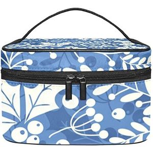Blauw groen zeepaardje make-up tas voor vrouwen meisjes cosmetische tassen met handvat reizen make-up organizer tas, Blauwe Holly Bladeren, 8.9x5.9x5.4 Inches, Make-up zakje