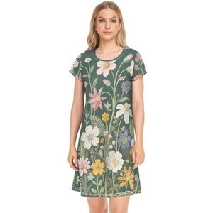 Nexawaveo Diverse Bloemen Groen Vrouwen Nachtjaponnen Nachtkleding Korte Mouw Nachtshirt Slaap Shirt S-2XL, Diverse Bloemen Groen, S
