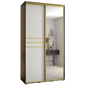 MEBLE KRYSPOL Davos 11 140 Kledingkast met twee schuifdeuren voor slaapkamer - Moderne Kledingkast met spiegel, kledingroede en planken - 235,2x140x45 cm - Zwart Wit Goud
