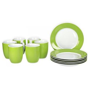 van Well Vario Ontbijtset, 12-delig, combi-servies voor 6 personen, serviesset koffie, ontbijt en tafel, 6 kleine, platte ontbijtborden en koffiekopjes van porselein, groen