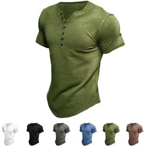 Heren Henley effen kleur casual T-shirt met korte mouwen casual vintage, zomer knoop V-hals lichtgewicht spierfit shirt, Groen, XL