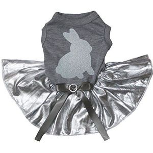 Petitebelle Konijn Print Grijs Katoen Shirt Bling Zilver Tutu Hond Jurk, Small, Grijs