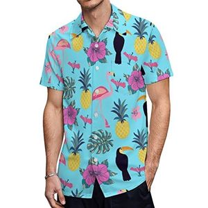 Toekan en flamingo ananas Hawaiiaanse shirts voor heren, korte mouwen, casual overhemd met knopen, vakantie, strandshirts, 3XL