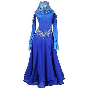 Standaard Ballroom Dansjurken voor Dames Professionele Wals Danskleding met Strass Tango Foxtrot Wedstrijd kostuums Flamenco Danskleding met Lange Mouwen,Blauw,L