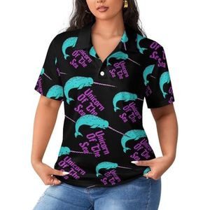Eenhoorn van de zee Narwal dames poloshirts met korte mouwen casual T-shirts met kraag golfshirts sport blouses tops 2XL