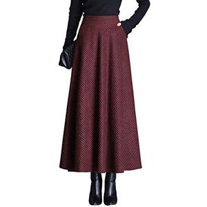 Artykey Dames winter geruite maxi-rok elegante hoge taille warme wollen lange elastische taille geplooide rok S-3XL, B Rode Wijn, M