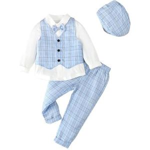 Lito Angels Baby Kids Jongens Gentleman Plaid Vest Pak Set Formele Bruiloft Outfits met Hoed, Grijs Groen Blauw Bruin, Blauw, 2-3 jaar