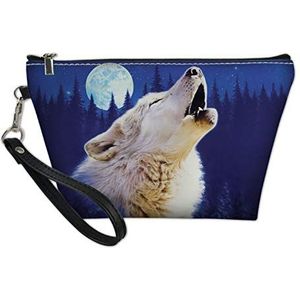 SEANATIVE Night Wolf Print Vrouwen Toilettas Cosmetische Make Up Opbergtas met Polsband Lederen Tas Organizer