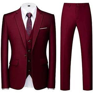 Mannen Pakken 3 Stuk Slim Fit Single Breasted Een Knop Smoking Pak Blazer Vest Broek Set, Bourgondy, XS