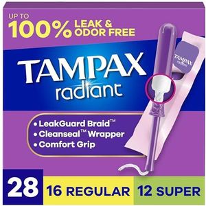 Tampax Stralende tampons voor vrouwen, multipack, met LeakGuard vlecht, regelmatig/super absorberend, ongeparfumeerd, 28 stuks