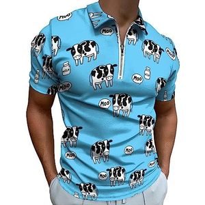 Moo Poloshirt met koe en melk voor heren, casual T-shirts met ritssluiting, golftop, slim fit