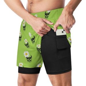 Groene Schedel Daisy Bloem Grappige Zwembroek Met Compressie Liner & Pocket Voor Mannen Board Zwemmen Sport Shorts
