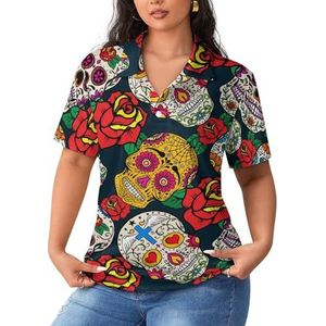 Dead Day of Sugar Skulls And Roses dames sportshirt korte mouwen T-shirt golfshirts tops met knopen workout blouses