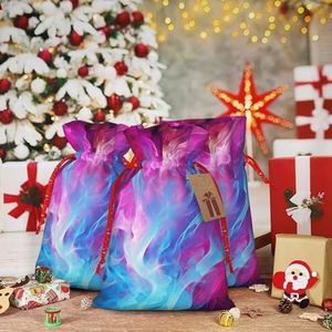 RLDOBOFE blauw en roze vuur print Kerst Gift Bag Kerst Trekkoord Tas Herbruikbare Gift Wrapping Goody Gift Zakken met Gift Tag Present Opbergtas voor Kerstmis Thanksgiving Bruiloft Party