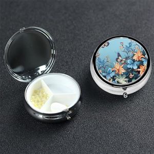 Blauwe Vlinder Bloemen Pillendoosje Draagbare Metalen Pil Doos 3 Compartiment Pil Organizer Leuke Reizen Pil Container Vitamine Organizer voor Portemonnee Pocket Reiscadeau