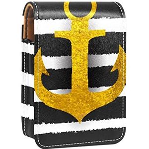 Draagbare Lipstick Case voor op reis, Mini Lipstick Opbergdoos met spiegel voor vrouwen dames, Lederen Cosmetische Pouch Gouden Anker Zwart Wit Streep, Meerkleurig, 9.5x2x7 cm/3.7x0.8x2.7 in