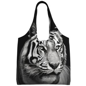 RLDOBOFE Zwart en wit tijgerprint canvas draagtas voor vrouwen esthetische boodschappentassen schoudertas herbruikbare boodschappentassen, Zwart, One Size