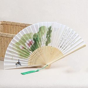 -Scherp Zijden vouwventilator Elegante Lotus witte bamboe ventilatoren met groene kwast Japanse Chinese ventilator Handgemaakte huis decoratieve vouwventilatoren for dansfeest (Color : Green)