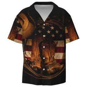 OdDdot Amerikaanse vlag met cowboylaarzen print herenoverhemden atletisch slim fit korte mouw casual zakelijk overhemd met knopen, Zwart, XXL