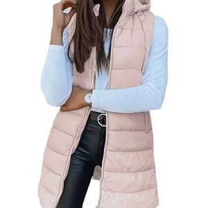 Dames Halflange Gewatteerde Vest, Mouwloze Jas Met Capuchon en Zakken, Slim Fit Gewatteerde Winterjas(Pink,XXL)