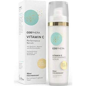 Cosphera - Vitamine C Performance Serum hooggedoseerd 50 ml - vitamine C concentraat gel met hyaluronzuur voor gezicht, hals en ogen - veganistische anti-rimpel vochtbehandeling voor vrouwen en mannen