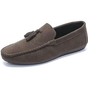 Loafers for Mannen Ronde Neus Nubuck Leer Met Kwastje Loafer Antislip Platte Hak Antislip Outdoor Bruiloft Instapper (Color : Brown, Size : 42 EU)