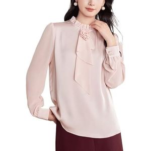 ROUZIHU Gerimpeld Chiffon Shirt Professioneel Commuter Pullover Shirt Lange Mouw Dames Shirt(Pink,XXL)