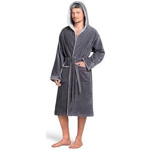Twinzen Badjas voor heren met capuchon, 100 procent katoenfluweel OekoTex - ultrazachte badstof kamerjas voor heren Grijs - Maat XL