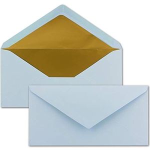 75 enveloppen DIN lang - lichtblauw met goud-metallic binnenvoering - 110 x 220 mm - nat lijmen - feestelijke enveloppen voor doop & geboorte
