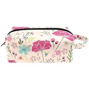 Leren make-uptas,make-uptas voor dames,Kleurrijk bloem roze patroon,make-uptas voor op reis