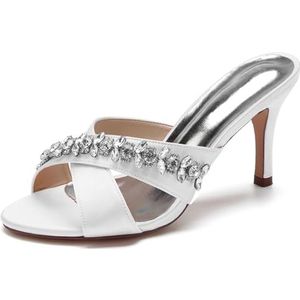 SYDZSW Ivoor trouwschoenen met naaldhak, bruidsschoenen, hoge hakken, satijn, sandaal, riem met strass, 35-42, Wit, 35 EU