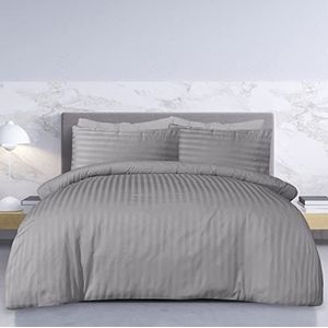 Sleepdown Premium hotelkwaliteit satijnen streep dekbedovertrek set met kussenslopen dekbed beddengoed zacht onderhoudsvriendelijk luxe beddengoed - grijs - kingsize (230 cm x 220 cm)