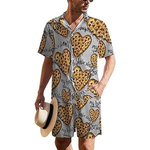 I Love Pizza Heart Hawaiiaanse pak voor heren, set van 2 stuks, strandoutfit, shirt en korte broek, bijpassende set