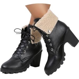 Herfst Winter Enkellaarsjes Dames Enkellaarsjes Van PU-leer Elegante Korte Laarzen Met Blokhak Platform Veterlaarzen Hoge Hakken Vrije Tijd Enkelschoenen for Buiten, Feest(Black,39 EU)