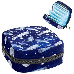 Opbergtas voor maandverband, menstruatiecup zakje, menstruatiezakorganizer voor vrouwelijke pads tampons, blauwe nachtruimte met walvissen planeten