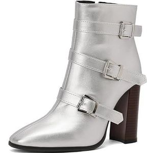 EICOFF Dames Enkellaarsjes met vierkante neus, zijrits, hoge blokhakken, waterdicht leer, motorlaarzen, casual dagelijkse modieuze damesschoenen,Zilver,35 EU
