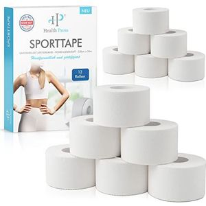 Health Press® Sport Tape - 12 Rollen (3,8 cm x 10 m) | Scheurbare Professionele Sporttape - Witte Sporttape voor Gewrichten, Spieren en Bandages | Medische Atletische Tape voor Alle Sporten