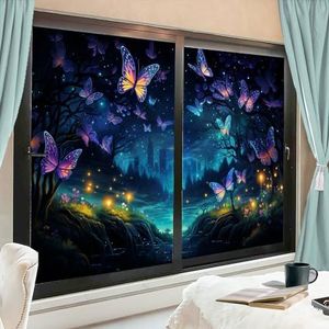 Kleurrijke vlinder raamfolie zon blokkerende zomer gras mooie nacht scène abstract huis venster tint film geen lijm glas cling bekleding voor thuis decoratief 90 x 140 cm x 2 stuks